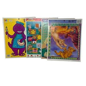 Vintage Frame Tray Puzzles, Barney, The Lion King, Barbie, Shapes. Golden & MB